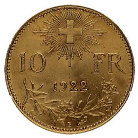 Moneda Suiza 10 Francos Suizos Oro 1922 3,21 g