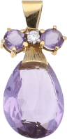 Colgante Oro Amarillo . Amatista central talla pera. Diamante talla brillante. Dos amatistas talla redonda. 5 g