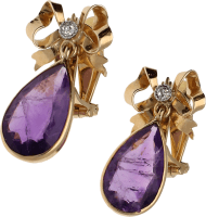 Pendientes Lazo Oro Amarillo Amatista talla pera. Diamante talla antigua 9,20 g