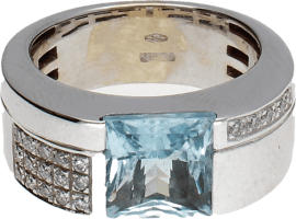 Sortija Oro Blanco Topacio azul talla tijeras 2,94 Ct. Diamantes talla brillante 0,20 Ct. 10,12 g