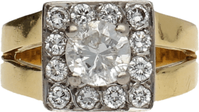 Sortija Oro Amarillo Diamante central talla brillante 1 Ct color I-J, pureza SI2. Resto Diamantes talla brillante 0,48 Ct 8 g