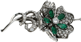 Broche floral Platino Diamante central talla brillante 0,75 Ct y esmeraldas talla pera 3,75 Ct. Resto pavs Diamantes. 31,79 g