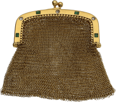 Monedero malla Oro Amarillo Diamantes talla rosa y esmeraldas. 42,93 g