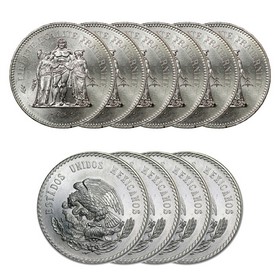 Lote de 6 Monedas 50 Francos y 4 Monedas 5 Pesos M‚xicanos