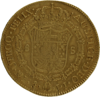 Moneda Carlos IIII 8 Escudos Oro 1802 Santiago JJ 26,84 g