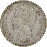 Moneda Amadeo I 5 Pesetas Plata 1871 SDM 24,71 g