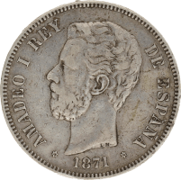 Moneda Amadeo I 5 Pesetas Plata 1871 DEM 24,78 g