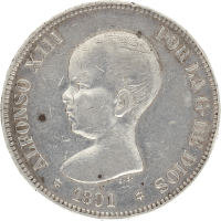 Moneda Alfonso XIII 5 Pesetas Plata 1891 PGM 24,86 g