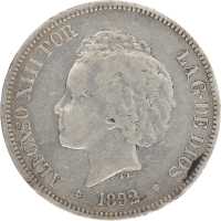 Moneda Alfonso XIII 5 Pesetas Plata 1892 PGM 24,64 g