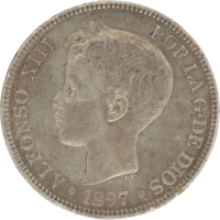 Moneda Alfonso XIII 5 Pesetas Plata 1897 SGV 24,76 g