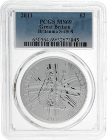 Moneda Reino Unido 2 pounds Britannia PCGS MS 69 Plata 2011 31,10 g