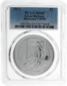 Moneda Reino Unido 2 Pounds Britannia PCGS MS 69 Plata 2012 31,10 g