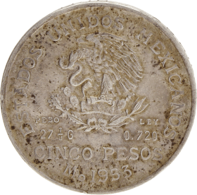 Moneda México 5 Pesos. Hidalgo Plata 1953 27,72 g