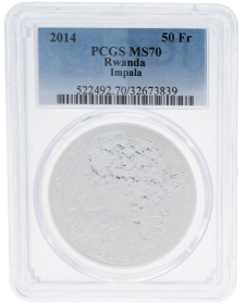 Moneda Ruanda 50 Francs Impala PCGS MS 70 Antílope Plata 2014 31,10 g