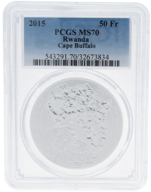 Moneda Ruanda 50 Francs Bufalo PCGS MS 70 Plata 2015 31,10 g