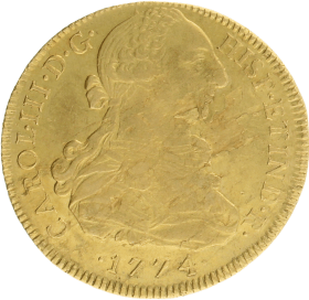 Moneda Carlos III 8 Escudos Oro 1774 Lima MJ 26,83 g