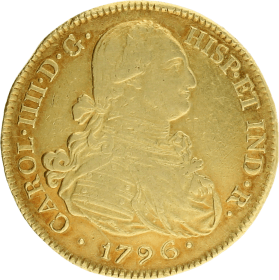 Moneda Carlos III 8 Escudos Oro 1796 Popayan JF 26,84 g