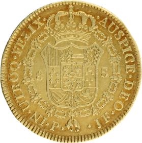 Moneda Carlos III 8 Escudos Oro 1796 Popayan JF 26,84 g