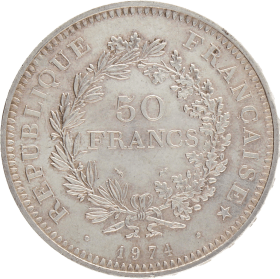 Moneda Francia 50 Francs Hércules Plata 1974 30,10 g
