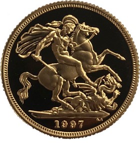 Moneda Reino Unido Soberano Proof de 1 Libra, con certificado y estuche Oro 1997 7,99 g