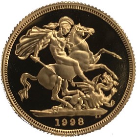 Moneda Reino Unido Soberano Proof con certificado y estuche de 1 Libra Oro 1998 7,99 g