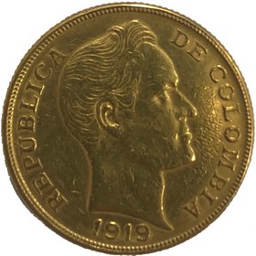 Moneda Colombia 10 Pesos Oro 1919 16,13 g