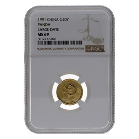 Moneda China 10 Yuans Panda MS 69 Large Date Oro 1991 1/10oz