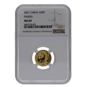 Moneda China 50 Yuans Panda MS 69 Oro 2001 1/10oz