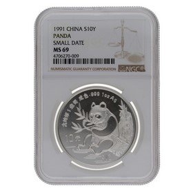 Moneda China 10 Yuans Panda MS 69 Small Date Plata 1991 1oz