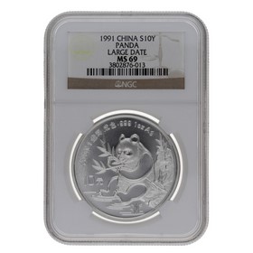 Moneda China 10 Yuans Panda MS 69 Large Date Plata 1991 1oz