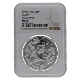 Moneda China 10 Yuans Panda MS 69 Large Date Plata 1992 1oz