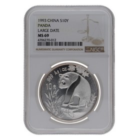 Moneda China 10 Yuans Panda MS 69 Large Date Plata 1993 1oz