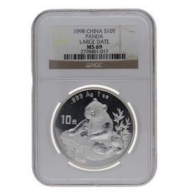 Moneda China 10 Yuans Panda MS 69 Large Date Plata 1998 1oz
