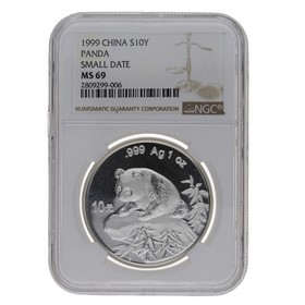 Moneda China 10 Yuans Panda MS 69 Small Date Plata 1999 1oz