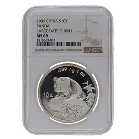 Moneda China 10 Yuans Panda MS 69 Large Date Plain 1 Plata 1999 1oz