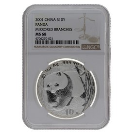 Moneda China 10 Yuans Panda MS 68 Mirrored Branches Plata 2001 1oz
