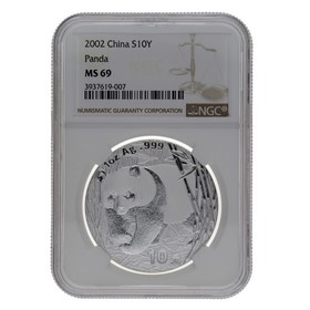 Moneda China 10 Yuans Panda MS 69 Plata 2002 1oz
