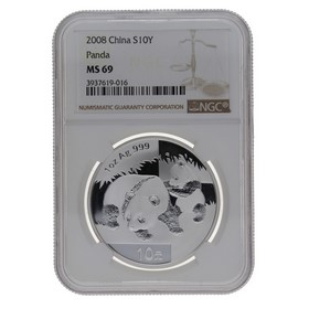 Moneda China 10 Yuans Panda MS 69 Plata 2008 1oz