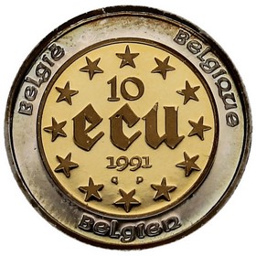 Moneda Bélgica 10 Ecu Balduino I Oro y Plata 1991 qp 5,28g