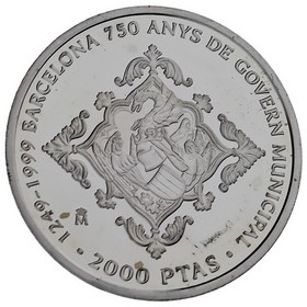 Moneda 2000 Pesetas 750 Años Gobierno Municipal de Barcelona Plata 1999 M-Madrid 27,07g