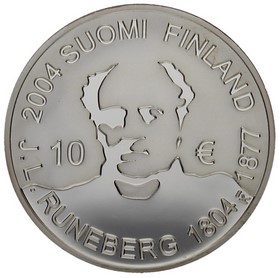 Moneda Finlandia 10 Euros Johan Ludwig Runeberg Plata 2004 27,32g