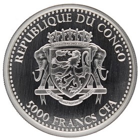 Moneda República Democrática del Congo 5000 Francos CFA Gorila espalda plateada Plata 2015 1oz