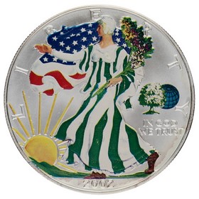Moneda Estados Unidos 1 Dollar American Eagle Coloreada Blanco/Verde Plata 2002 1oz