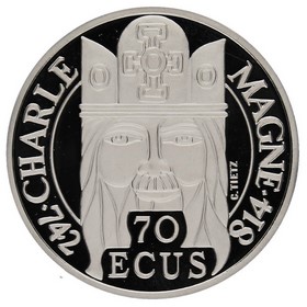 Moneda Francia 500 Francos 70 Ecus Carlo Magno Platino 1990 20g