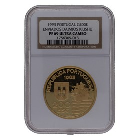 Moneda Portugal 200 Escudos Enviados Daimios Kiushu NGC PF69 UC Oro 1993 27,20g