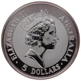 Moneda Australia 5 Dólares Kookaburra Plata 1991 1oz
