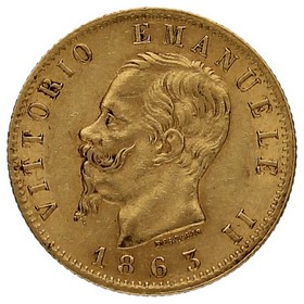 Moneda Italia 20 Liras Oro 1863 T-Turín 6,44g
