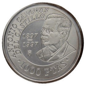 Moneda 1000 Pesetas 100 Años muerte Antonio Cánovas del Castillo Plata 1997 M-Madrid 13,50g