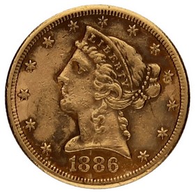 Moneda Estados Unidos 5 Dólares Coronet Head Oro 1886 S-San Francisco 8,33g