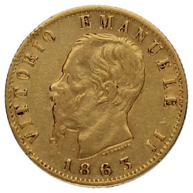 Moneda Italia 20 Liras Oro 1863 T-Turín BN 6,40g
